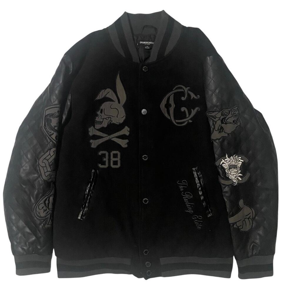 Crooks and Castles All Black Medusa Varsity Bomber Jacket Size Large